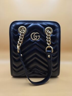 Gucci Black Marmont Quilted Chevron Mini Crossbody/handbag with Gold Hardware